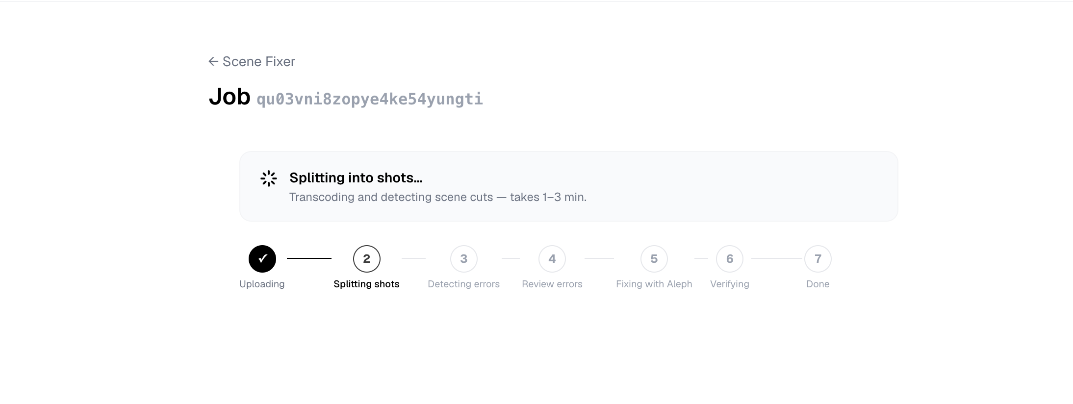 Scene Fixer splitting video into shots — pipeline status showing step 2 active