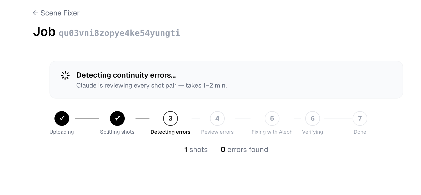 Scene Fixer running Claude Opus 4.8 detection — pipeline at step 3
