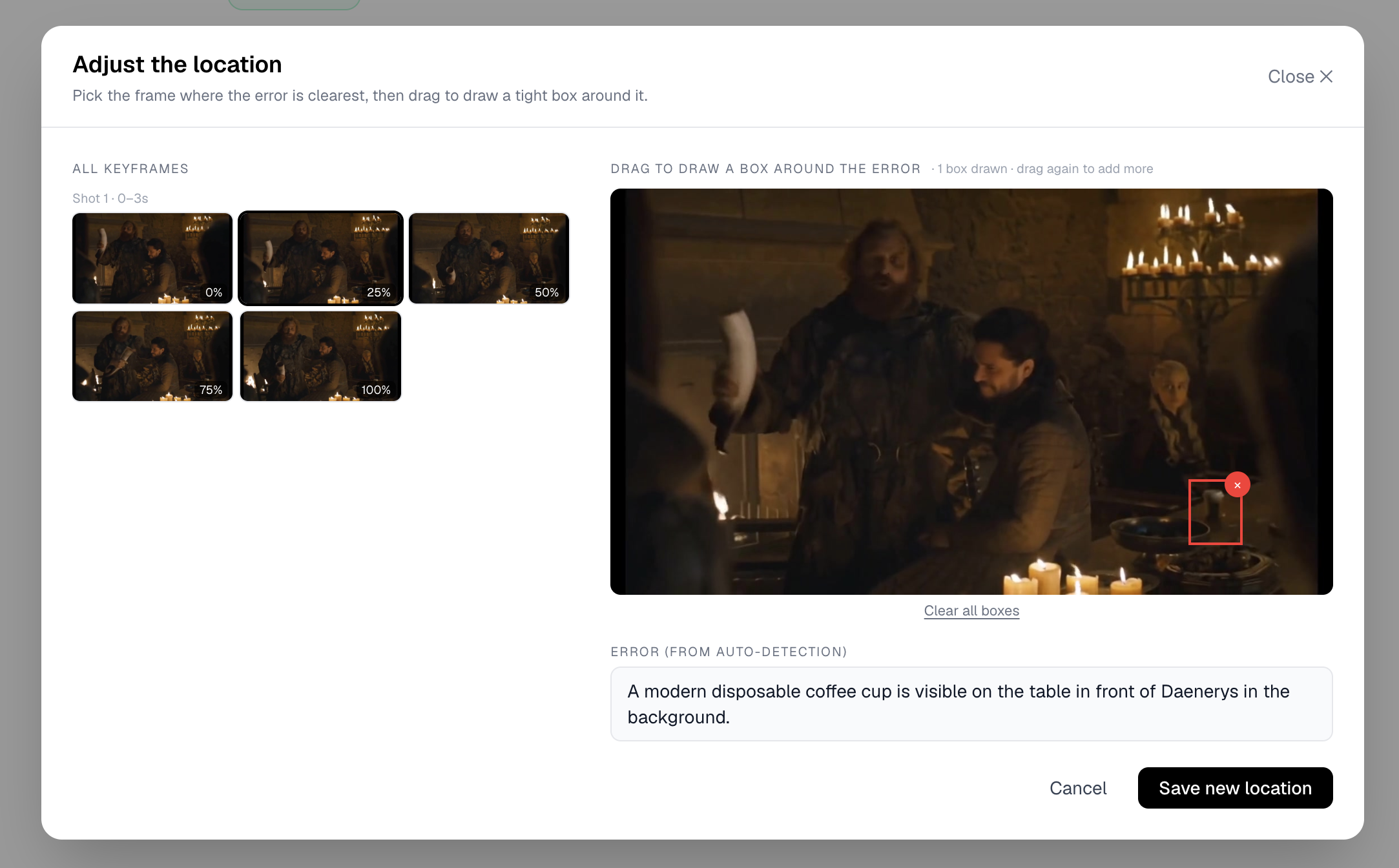 Adjust location modal — drawing a tight bounding box around the continuity error