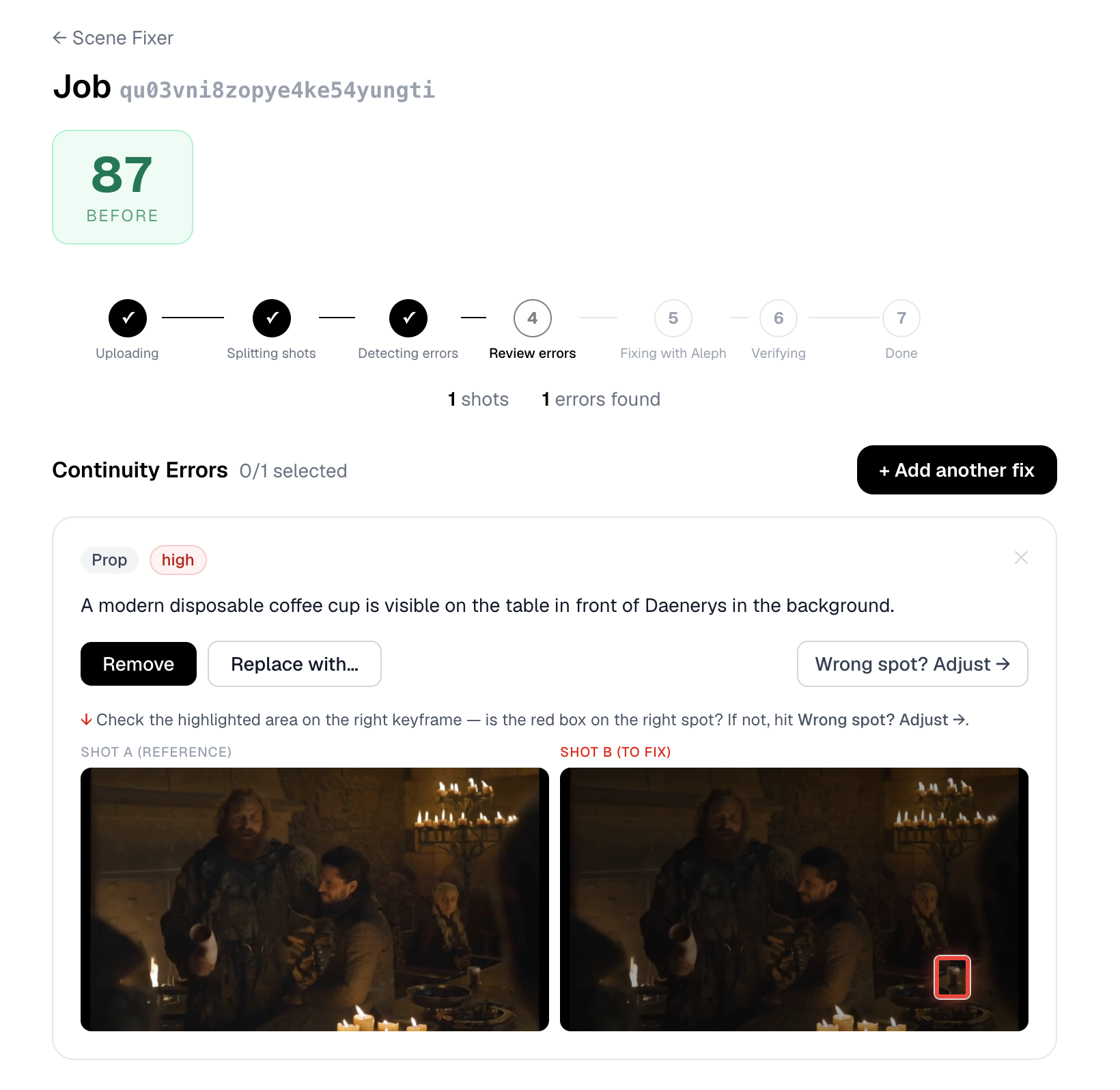 Scene Fixer error review — Remove and Replace with options, red bounding box on keyframe