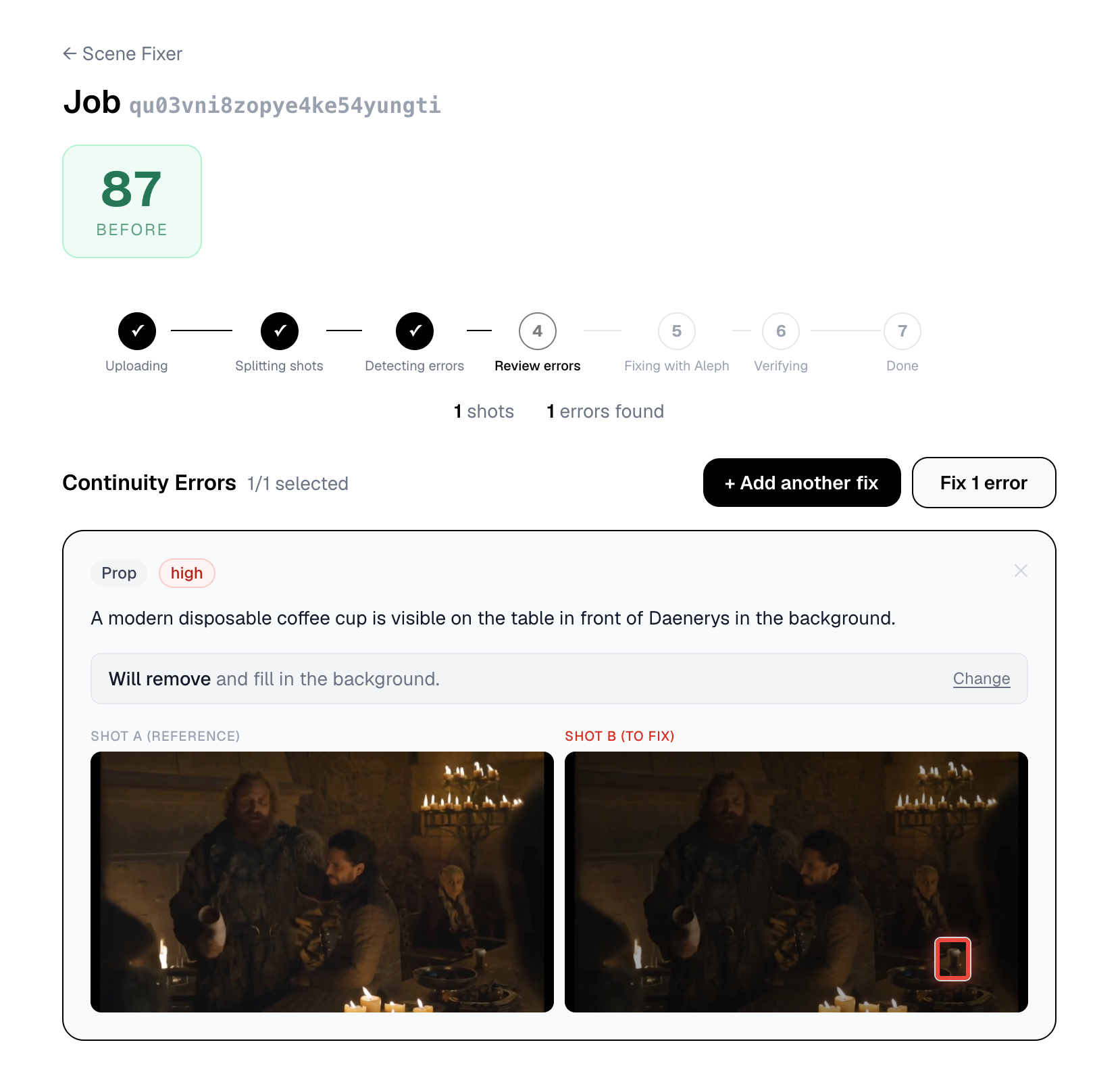 Error confirmed — Will remove and fill in the background, Fix 1 error button