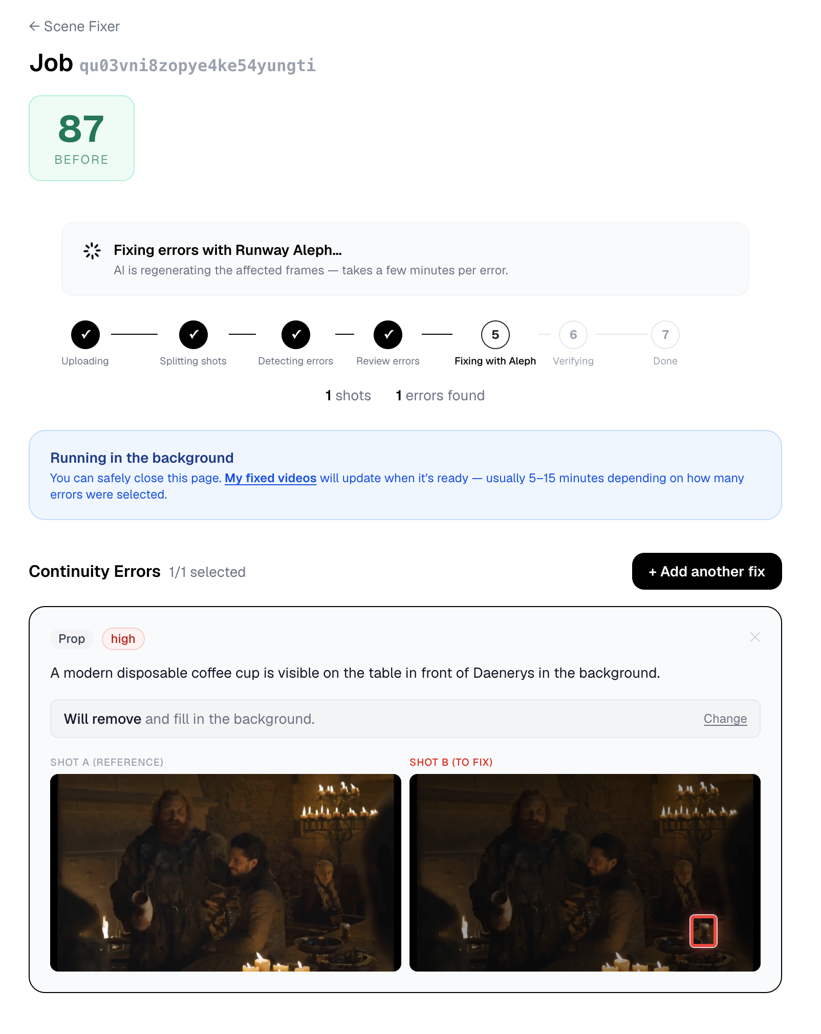 Scene Fixer fixing with Runway Aleph — background job notice, fixing status active
