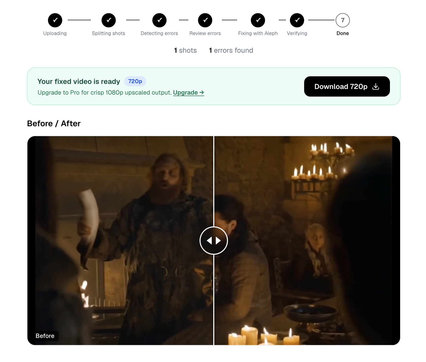 Scene Fixer download ready — 720p badge, Download button, Before/After diff player