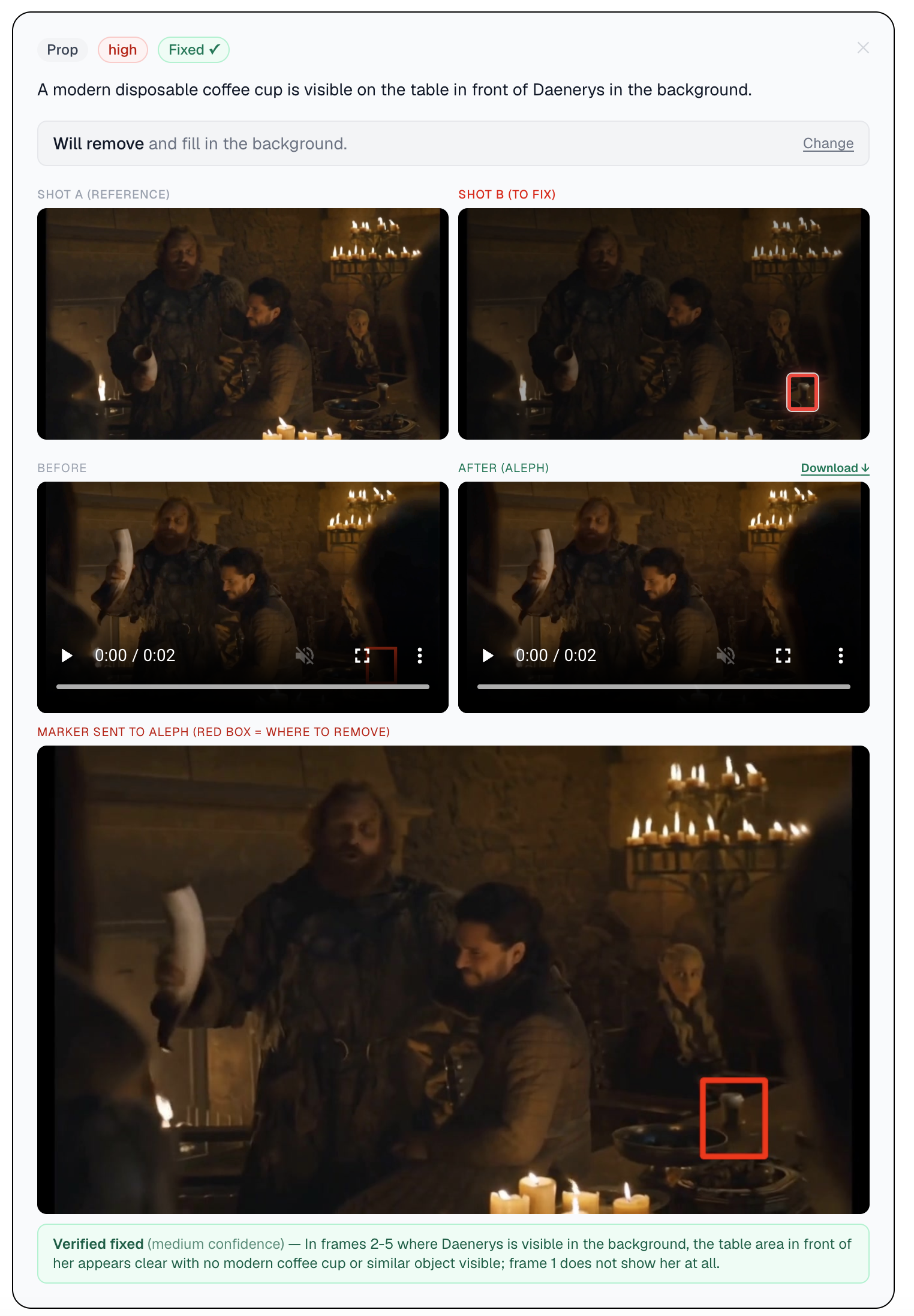 Fixed error detail — Before/After clips, marker frame sent to Aleph, Verified fixed result